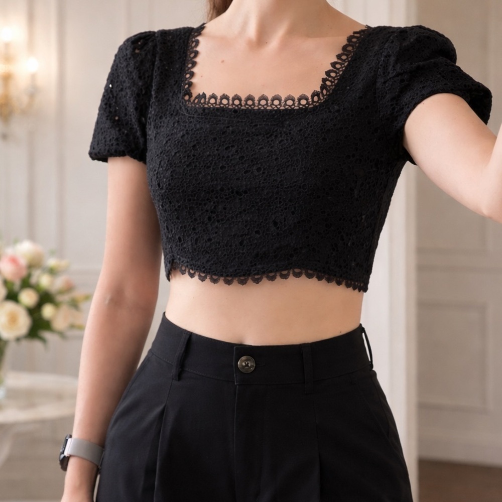 Black Lace Square-Neck Crop Top - Women